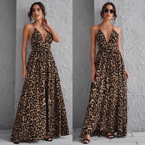 Leopard Print Spaghetti Strap Maxi Dress